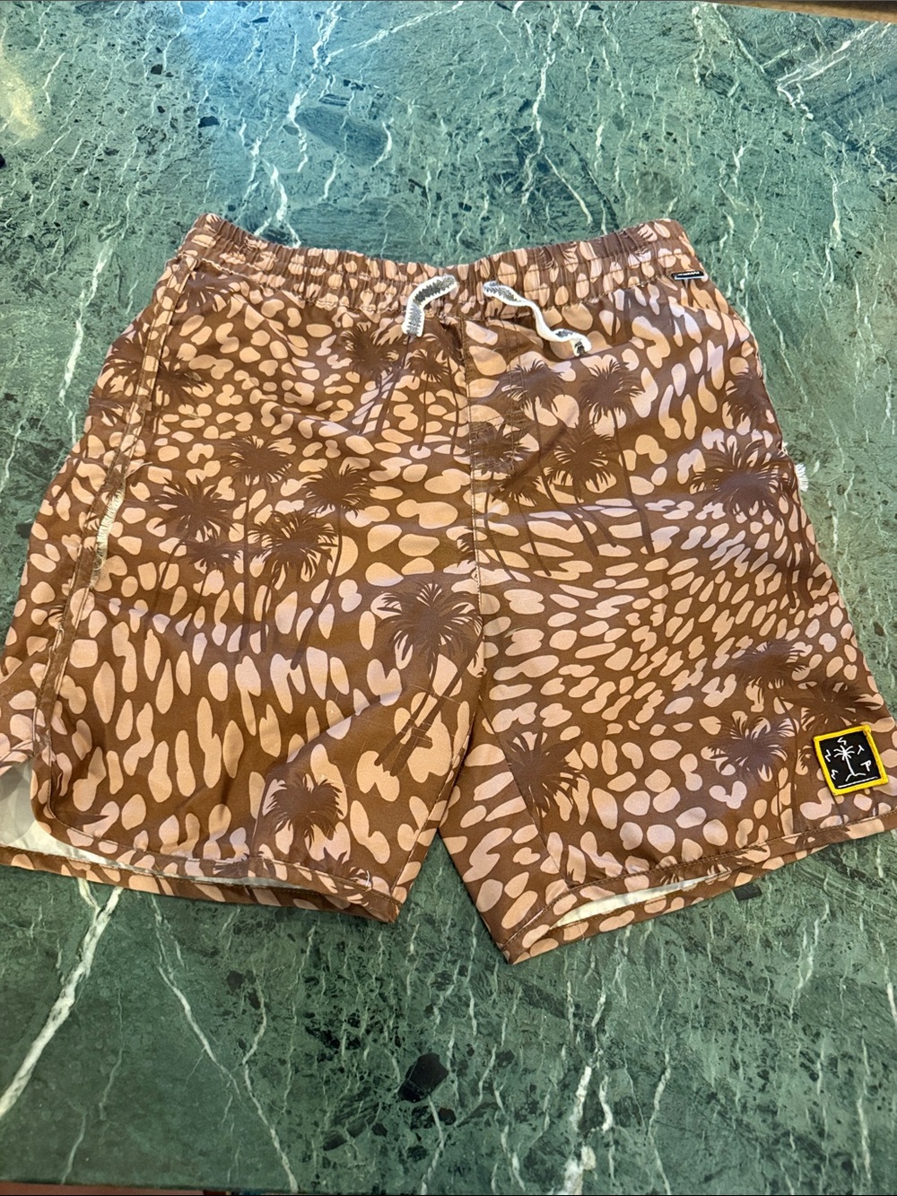 🤎 Munster Brown and Tan Palm Print Kids (12) Swim Trunks (needs sewing love) 🤎